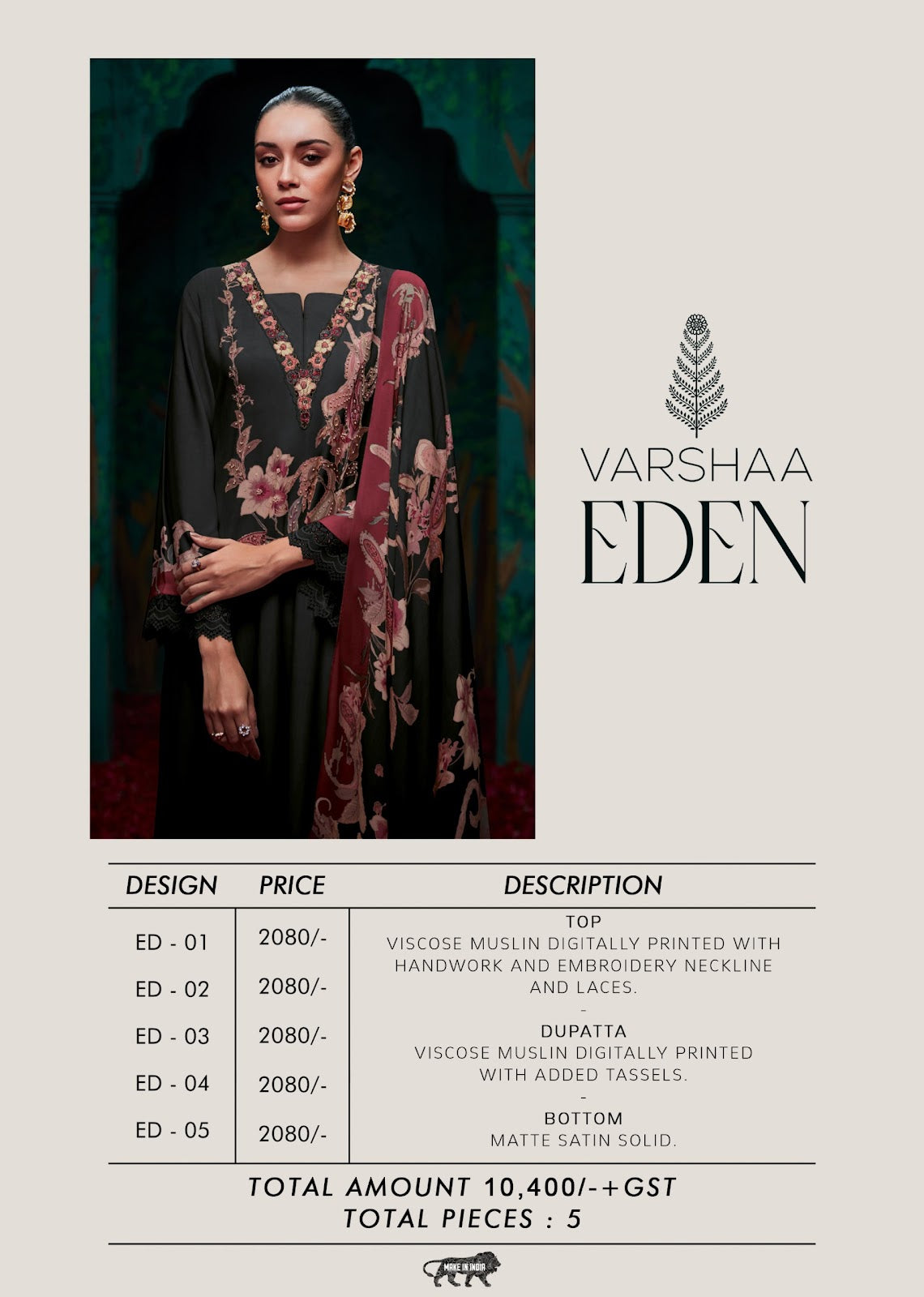 Eden Varsha Fashions Viscose Muslin Pant Style Suits Supplier India