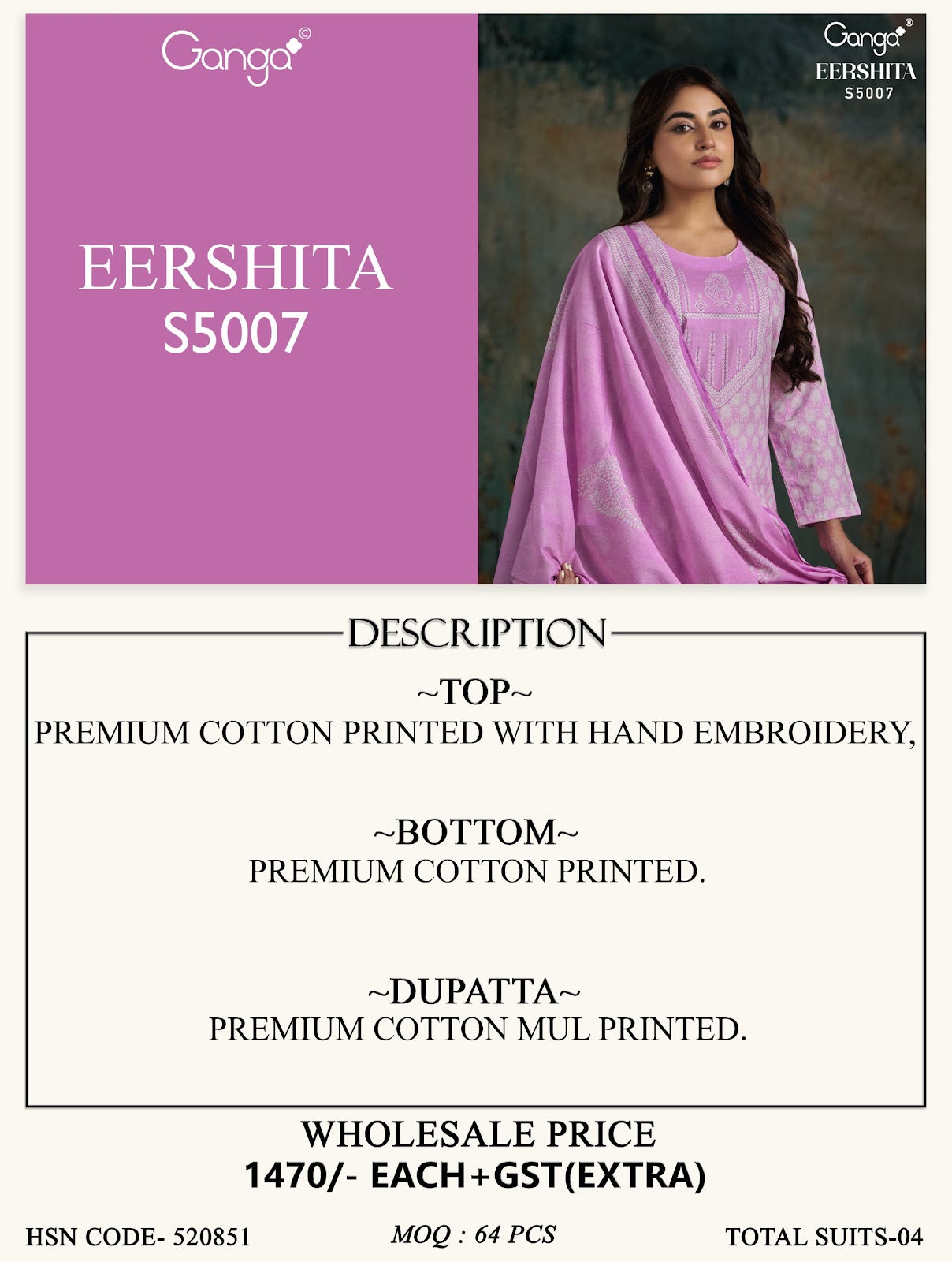 Eershita S5007 Ganga Cotton Plazzo Style Suits Exporter India