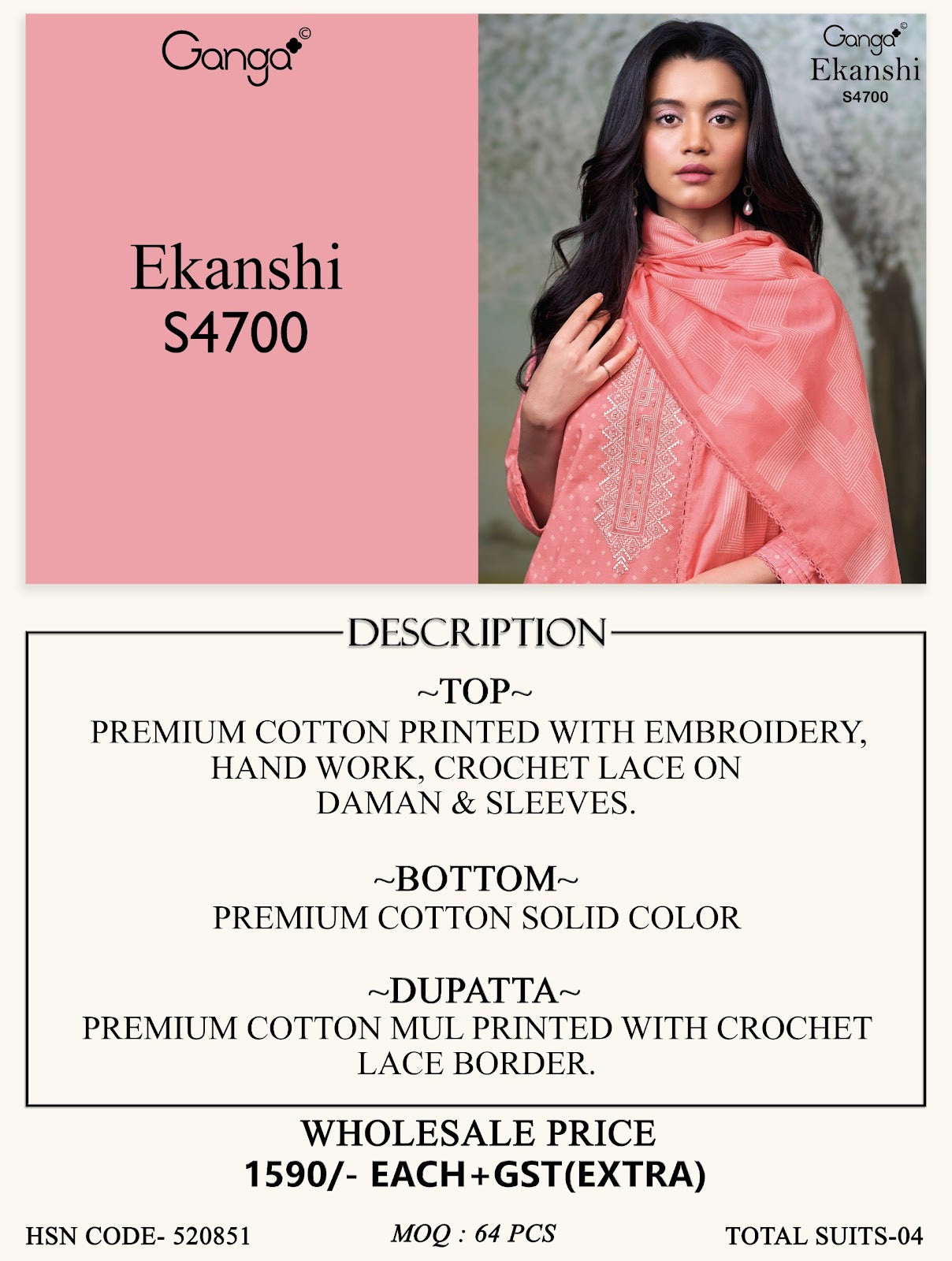 Ekanshi S4700 Ganga Cotton Pant Style Suits Wholesale Rate