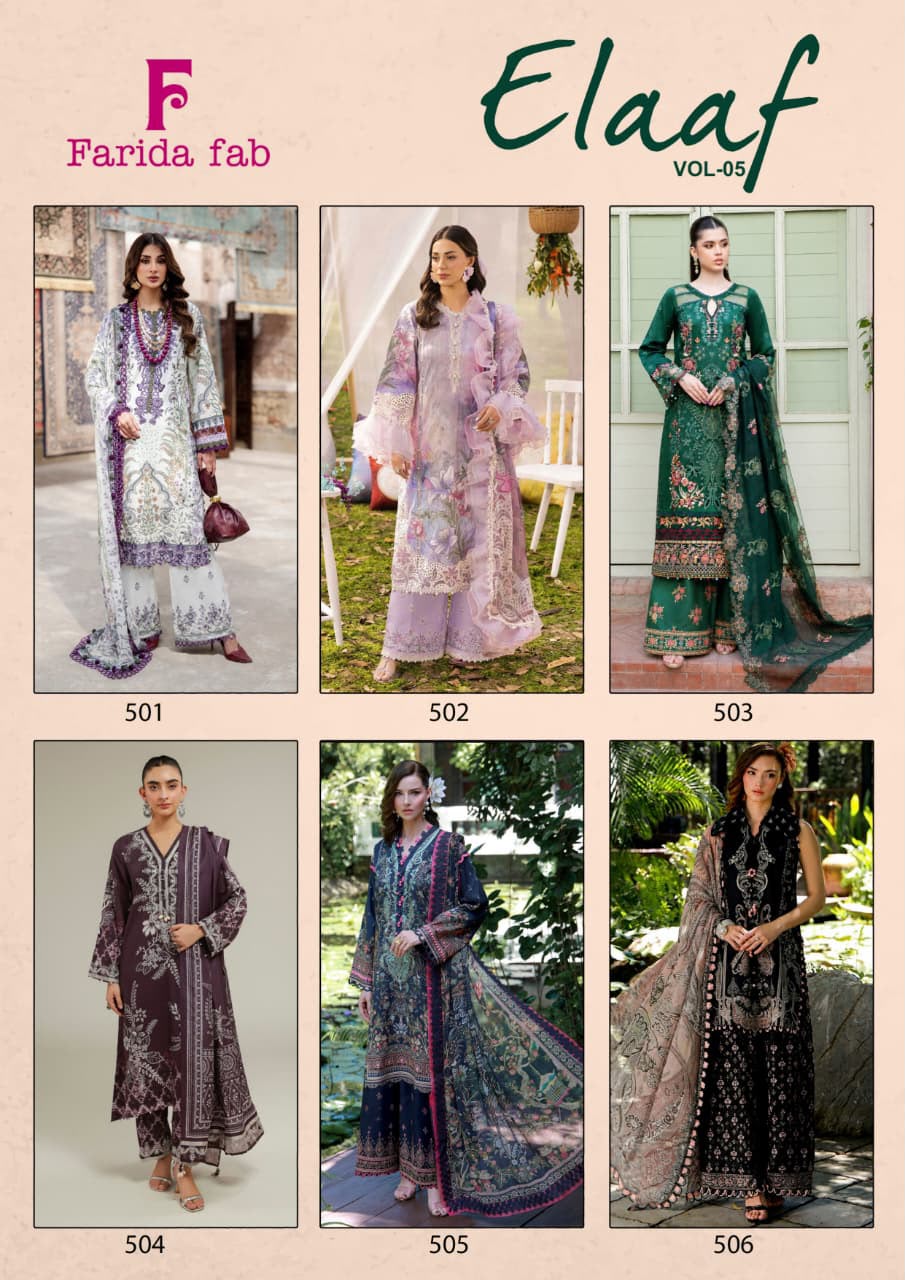 Elaaf Vol 5 Farida Fab Cotton Karachi Salwar Suits Wholesaler Ahmedabad