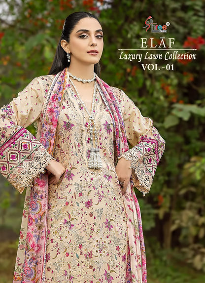 Elaf Vol 1 Luxury Lawn Collection Shree Fabs Cotton Pakistani Patch Work Suits Wholesale Rate