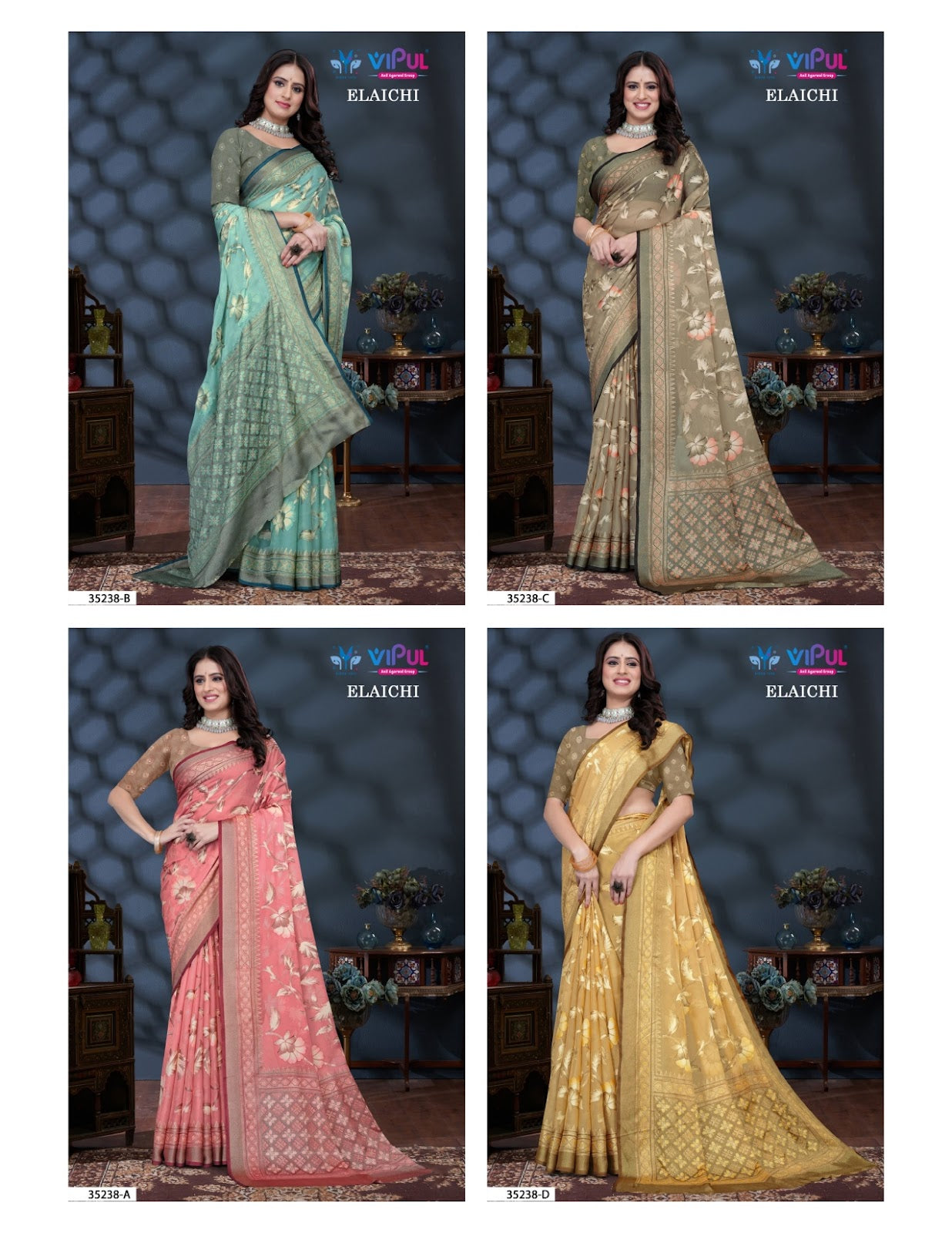 Elaichi 35238 Vipul Brasso Sarees Manufacturer Ahmedabad