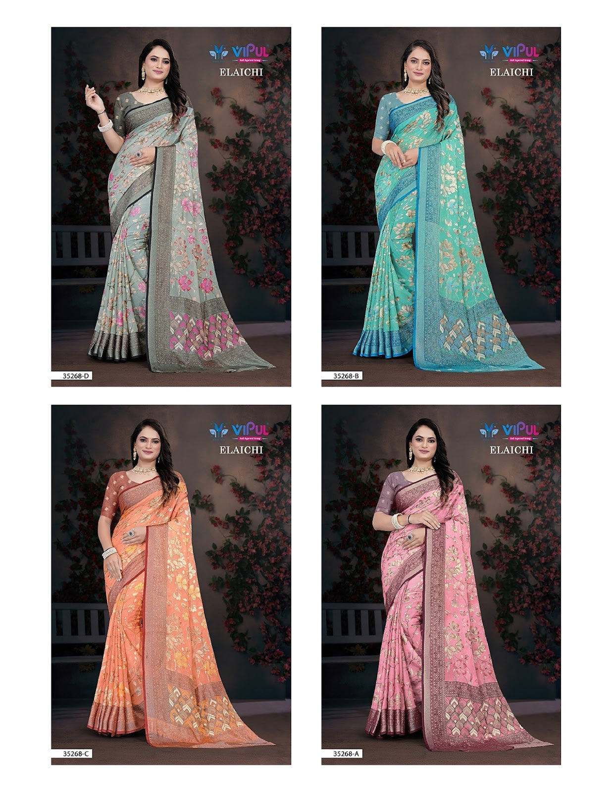 Elaichi 35268 Vipul Brasso Sarees Wholesaler India