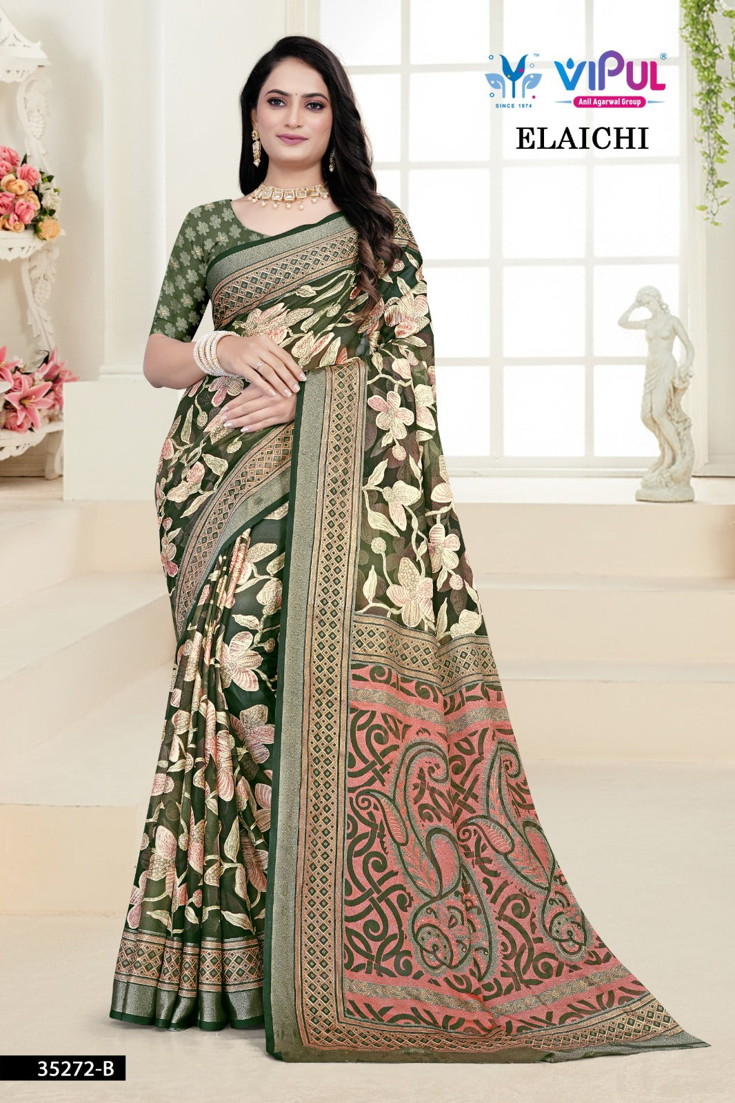 Elaichi 35272 Vipul Brasso Sarees Manufacturer India