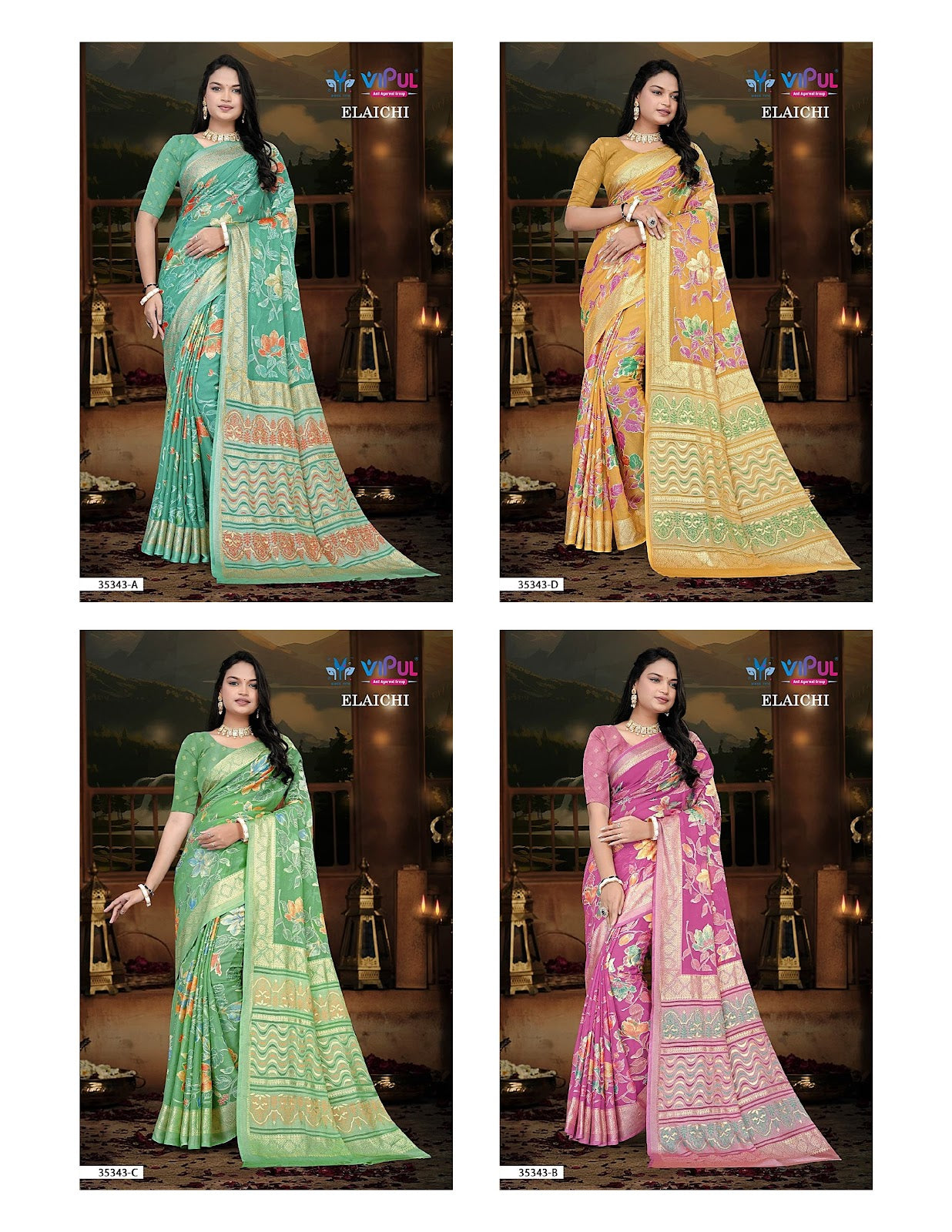 Elaichi 35343 Vipul Brasso Sarees Wholesaler Ahmedabad
