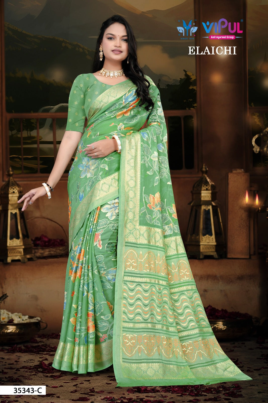 Elaichi 35343 Vipul Brasso Sarees Wholesaler Ahmedabad