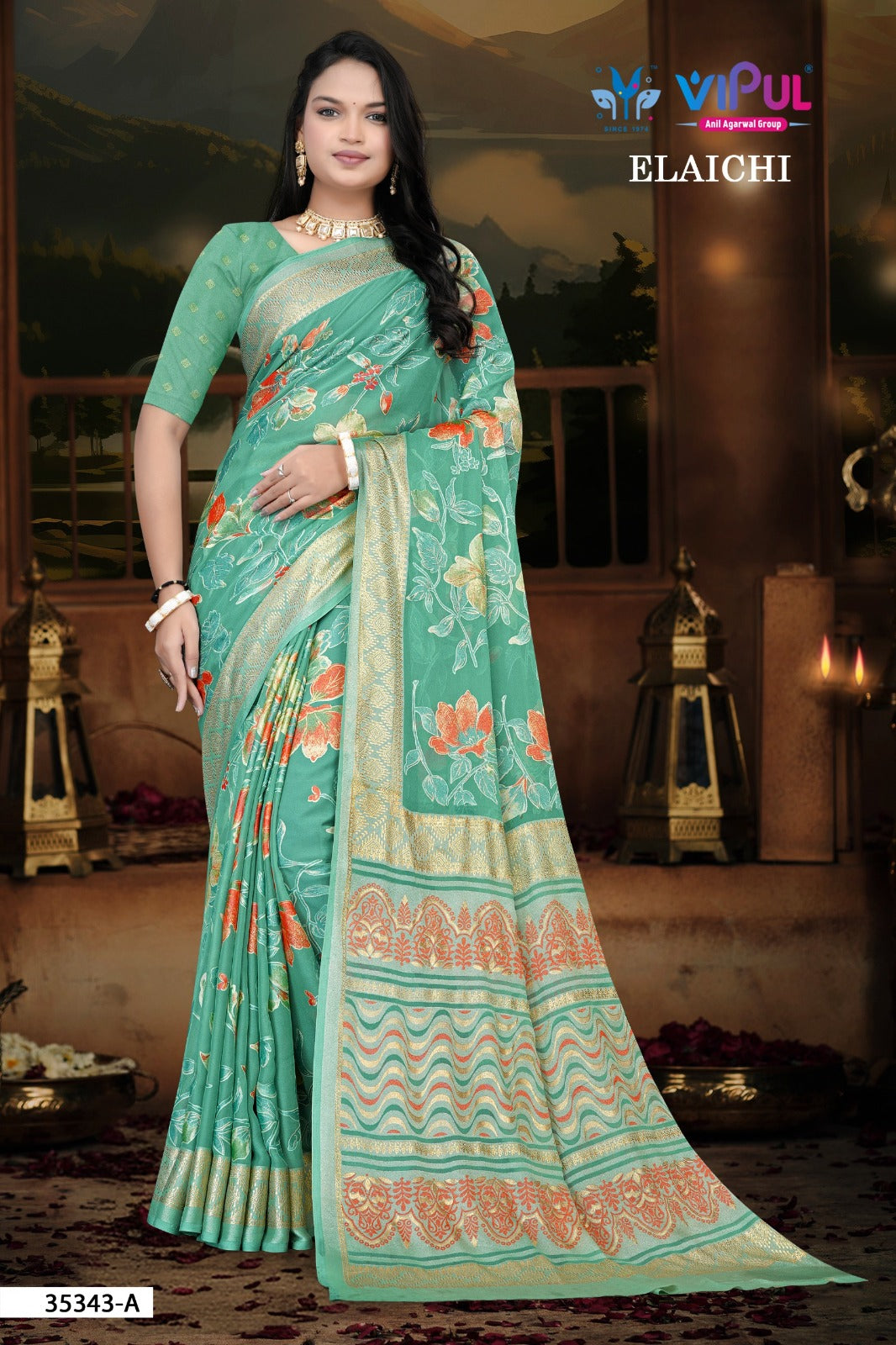 Elaichi 35343 Vipul Brasso Sarees Wholesaler Ahmedabad