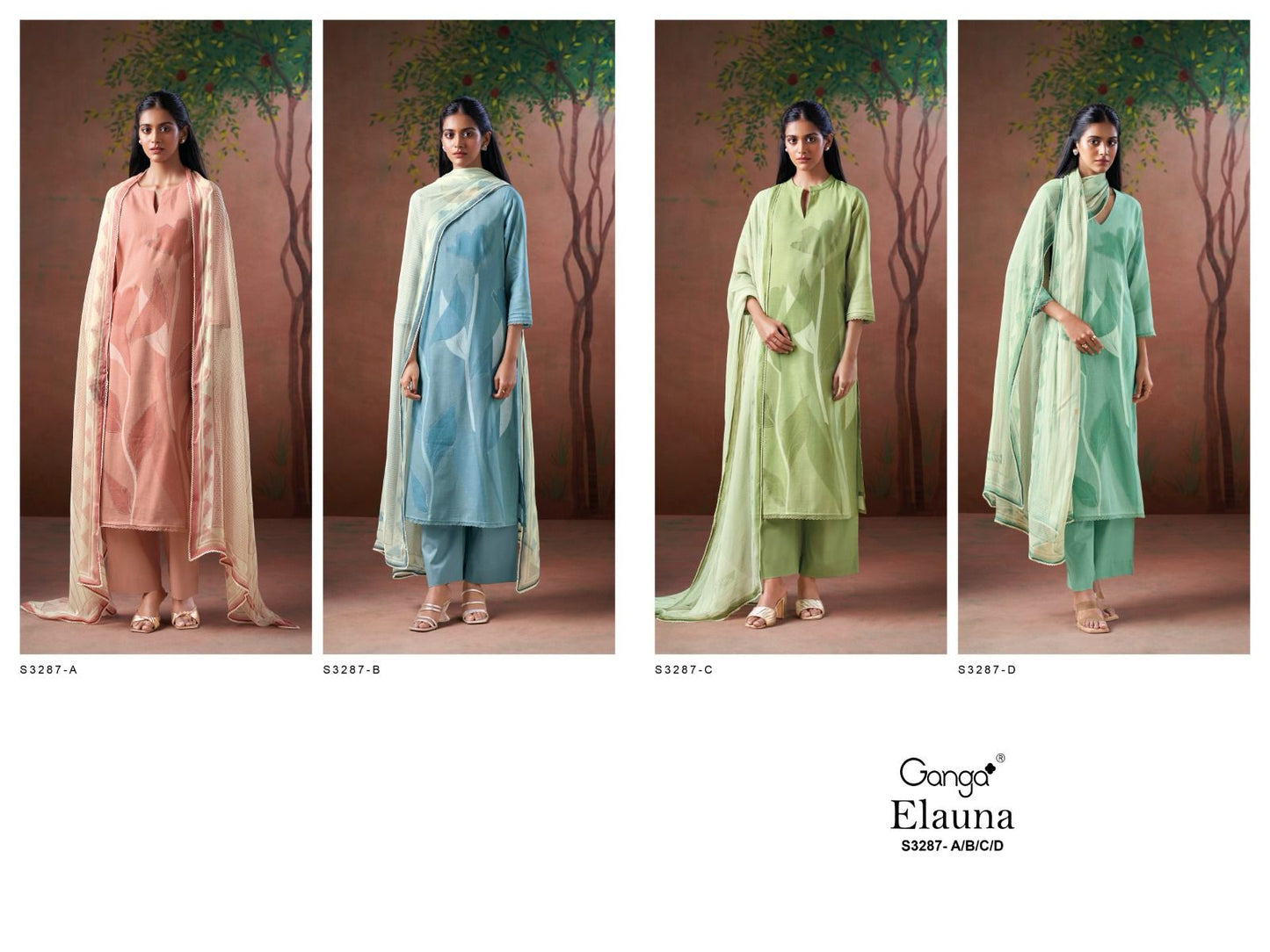 Elauna 3287 Ganga Premium Cotton Plazzo Style Suits Exporter Gujarat