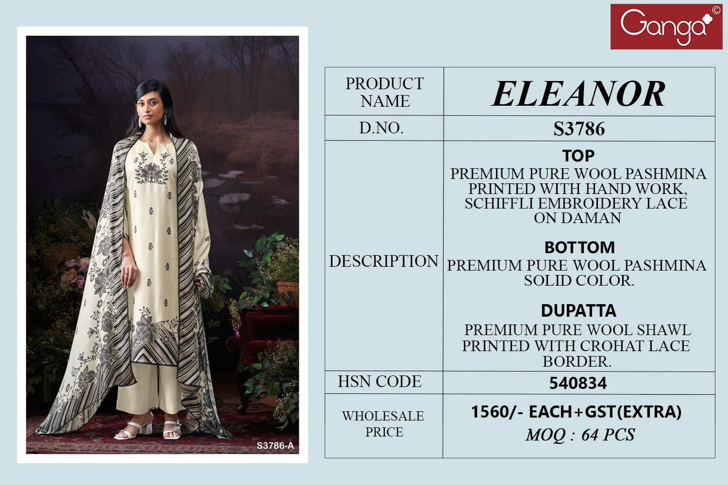 Eleanor 3786 Ganga Wool Pashmina Suits Wholesaler India