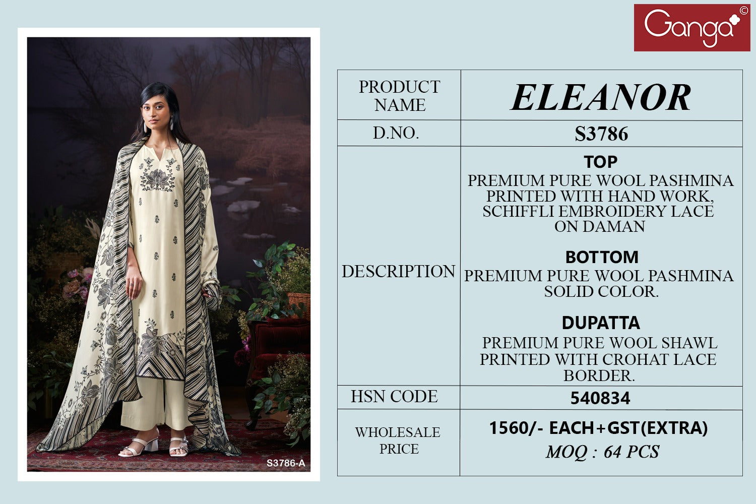 Eleanor 3786 Ganga Wool Pashmina Suits Wholesaler India