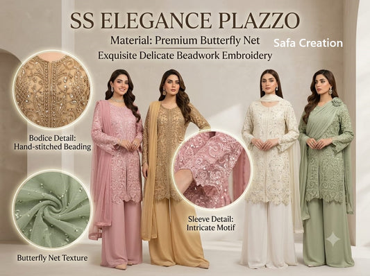 Elegance Beads Plazzo Safa Creation Butterfly Pakistani Readymade Suits Wholesale Price