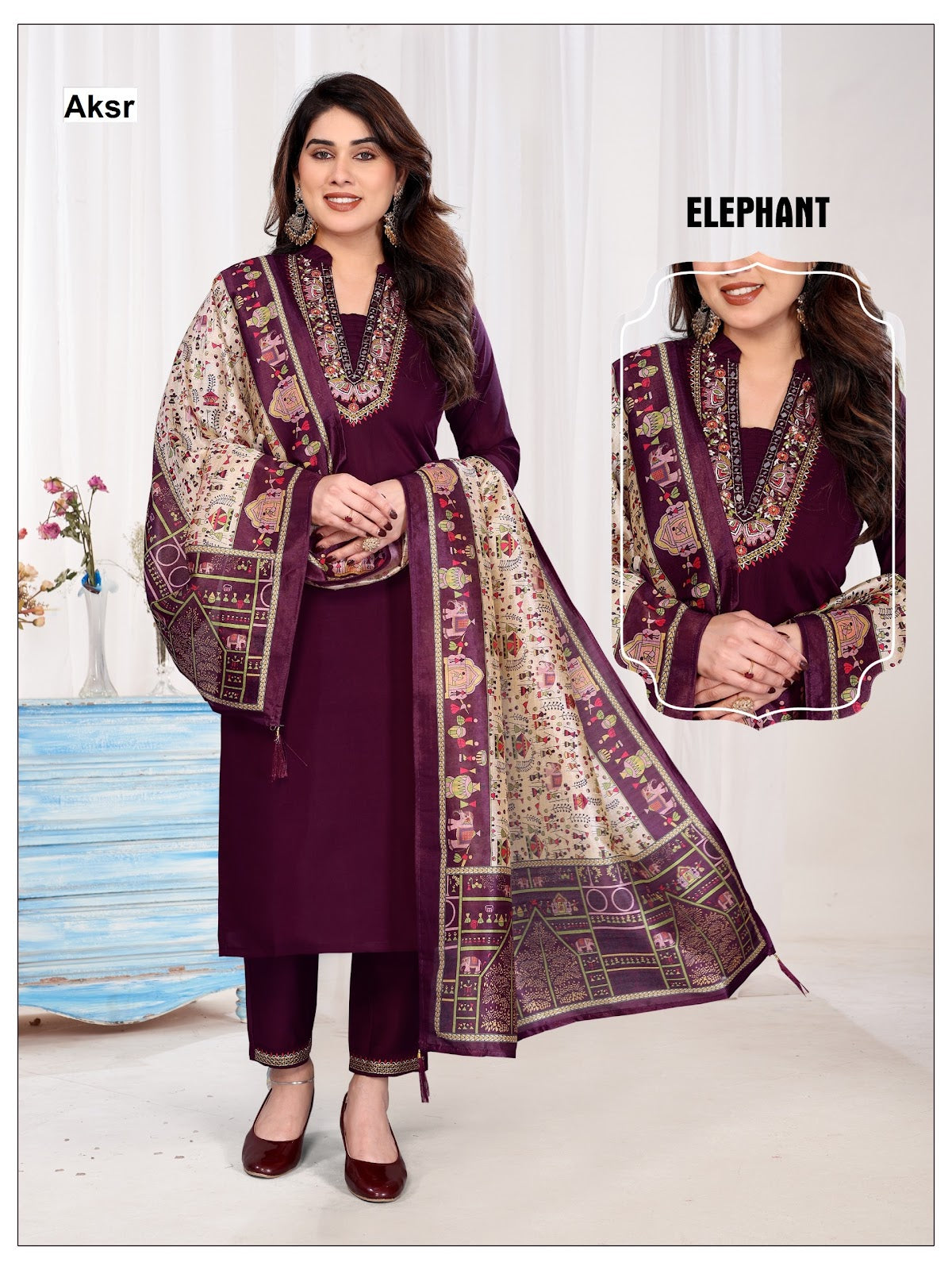 Elephant Aksr Roman Silk Readymade Pant Style Suits Wholesale Price