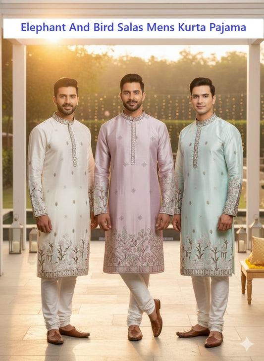 Elephant And Bird Salas Silk Mens Kurta Pajama Supplier Ahmedabad