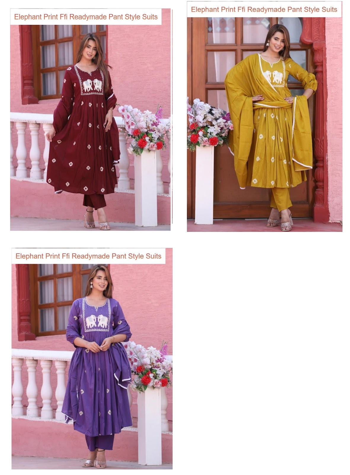 Elephant Print Ffi Mal Cotton Readymade Pant Style Suits Wholesaler