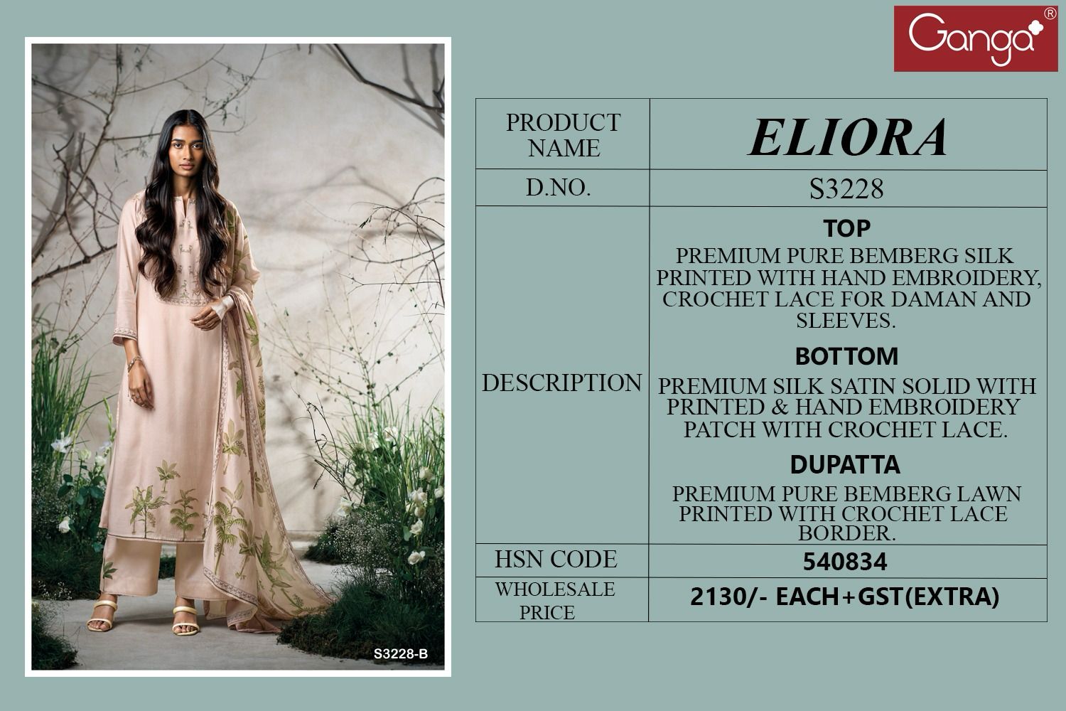 Eliora 3228 Ganga Premium Bemberg Plazzo Style Suits Supplier Ahmedabad