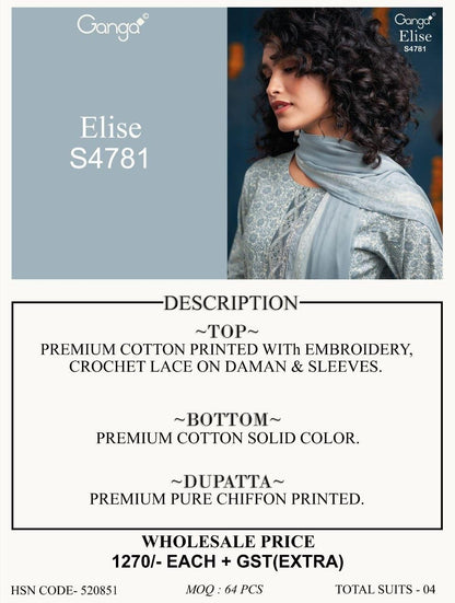 Elise 4781 Ganga Cotton Pant Style Suits Wholesaler India