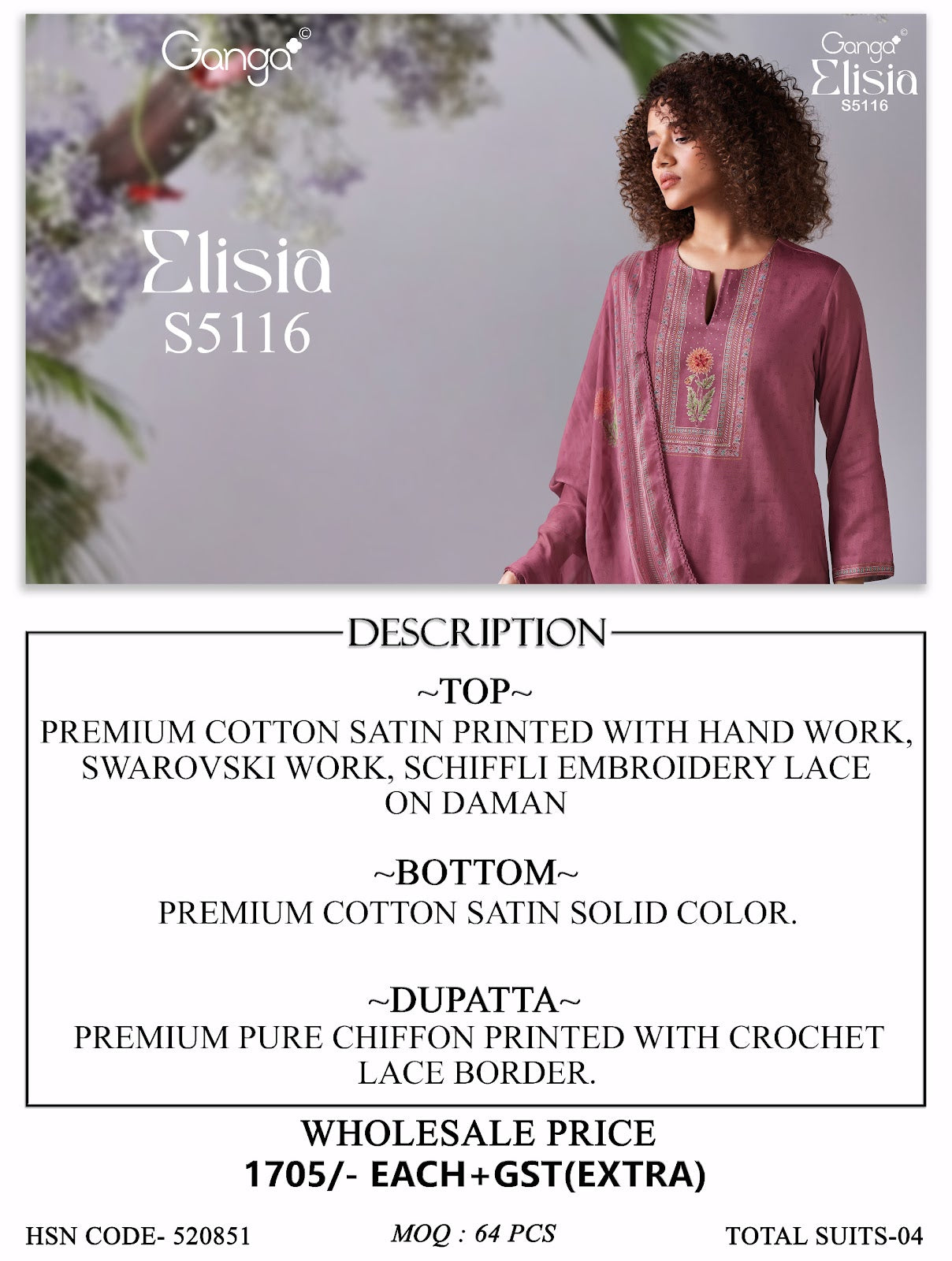 Elisia S5116 Ganga Cotton Satin Plazzo Style Suits Supplier Gujarat