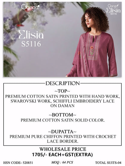 Elisia S5116 Ganga Cotton Satin Plazzo Style Suits Supplier Gujarat