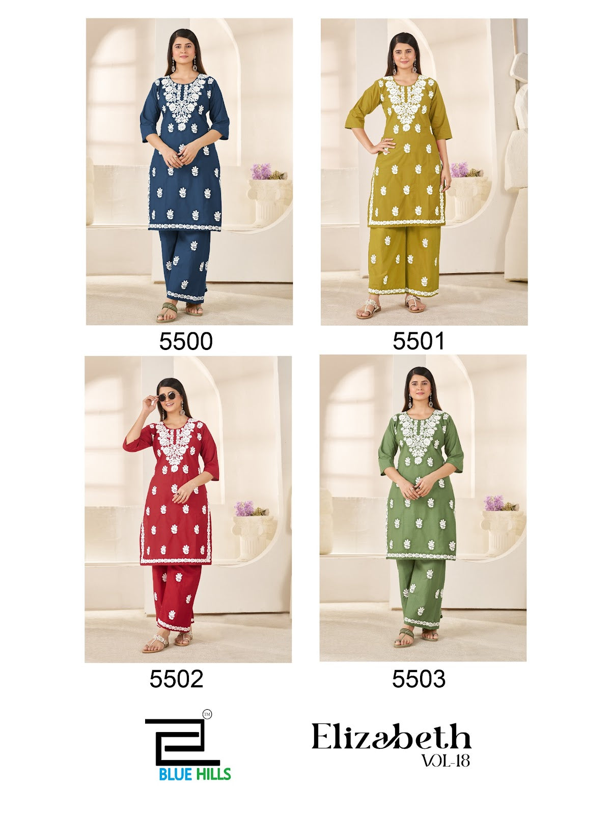 Elizabeth Vol 18 Blue Hills Dhabu Cotton Kurti Plazzo Set Wholesaler India