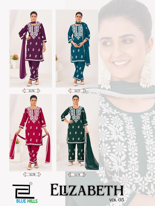 Elizabeth Vol 5 Blue Hills Rayon 14Kg Readymade Pant Style Suits Wholesaler Gujarat