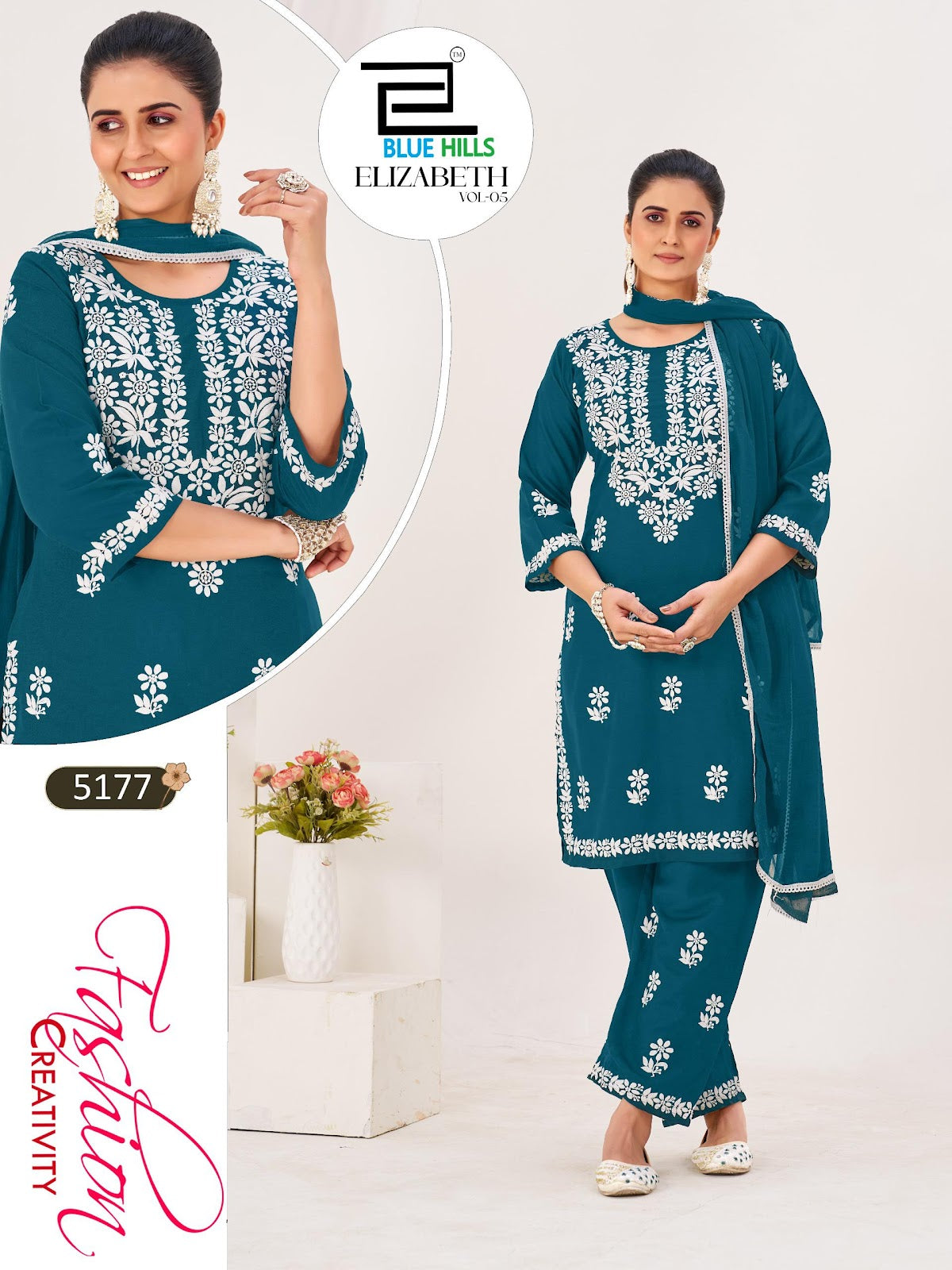 Elizabeth Vol 5 Blue Hills Rayon 14Kg Readymade Pant Style Suits Wholesaler Gujarat