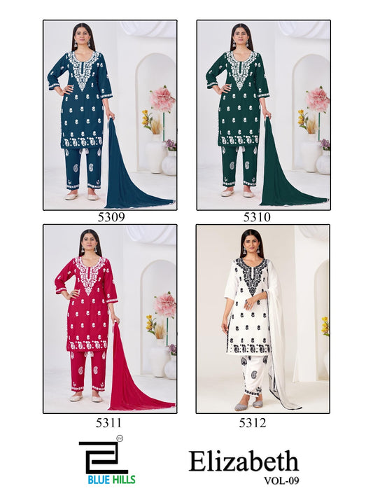 Elizabeth Vol 9 Blue Hills Rayon 14Kg Readymade Pant Style Suits Wholesale Rate