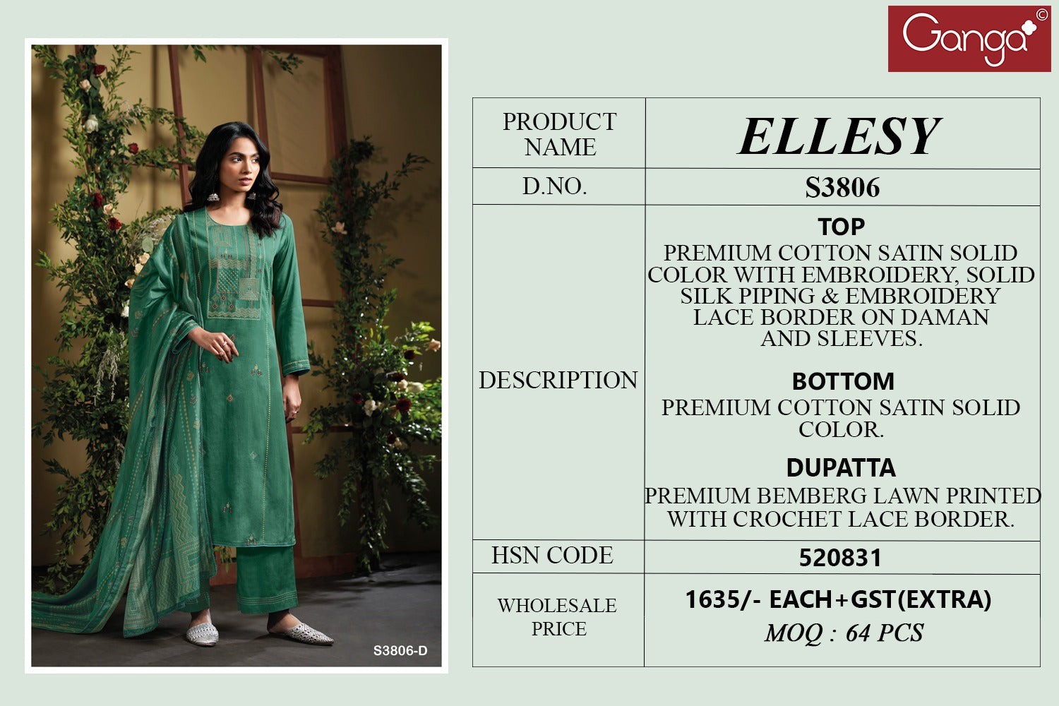 Ellesy 3806 Ganga Premium Cotton Plazzo Style Suits Supplier