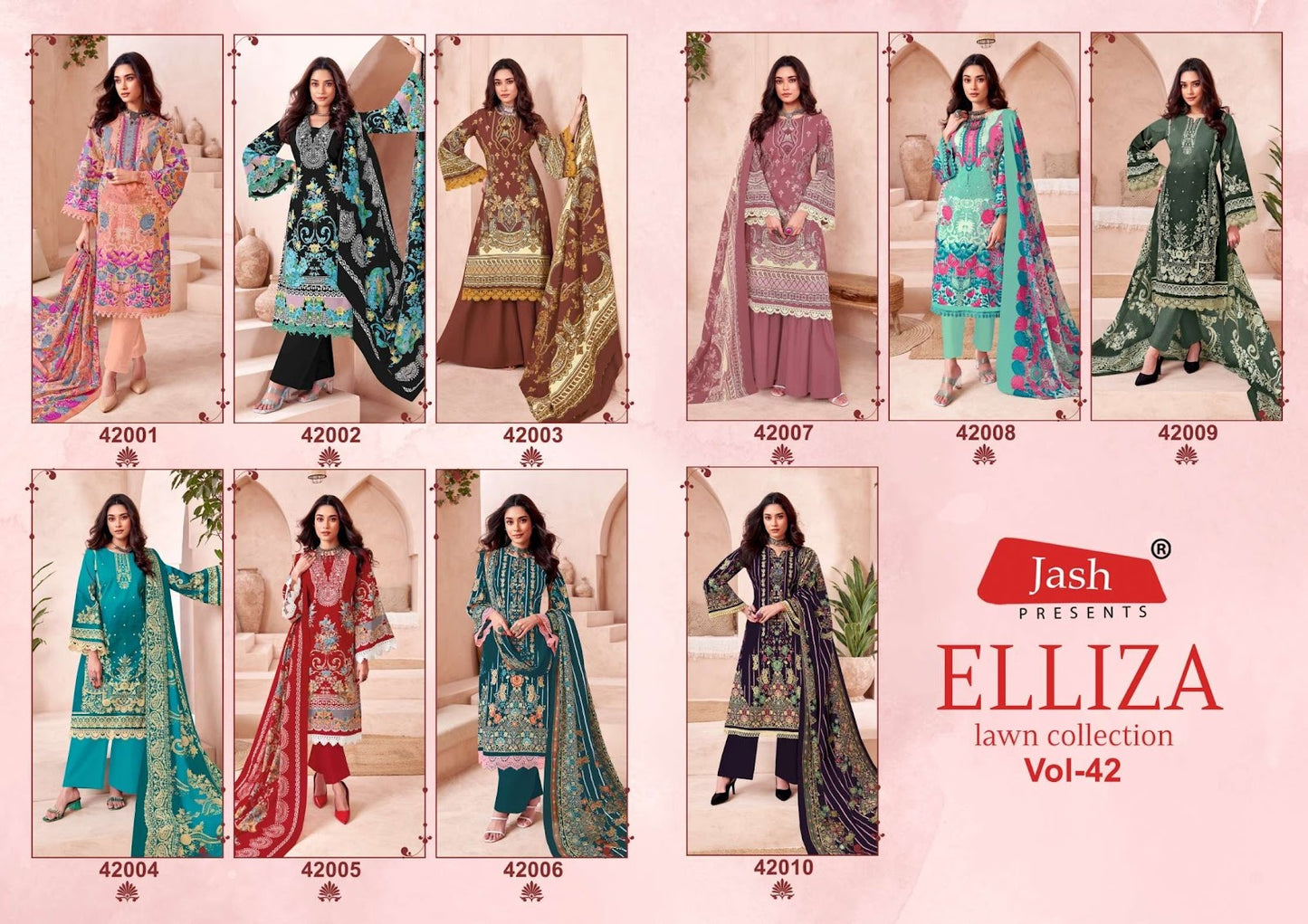 Elliza Vol 42 Lawn Collection Jash Cotton Karachi Salwar Suits Wholesale Price