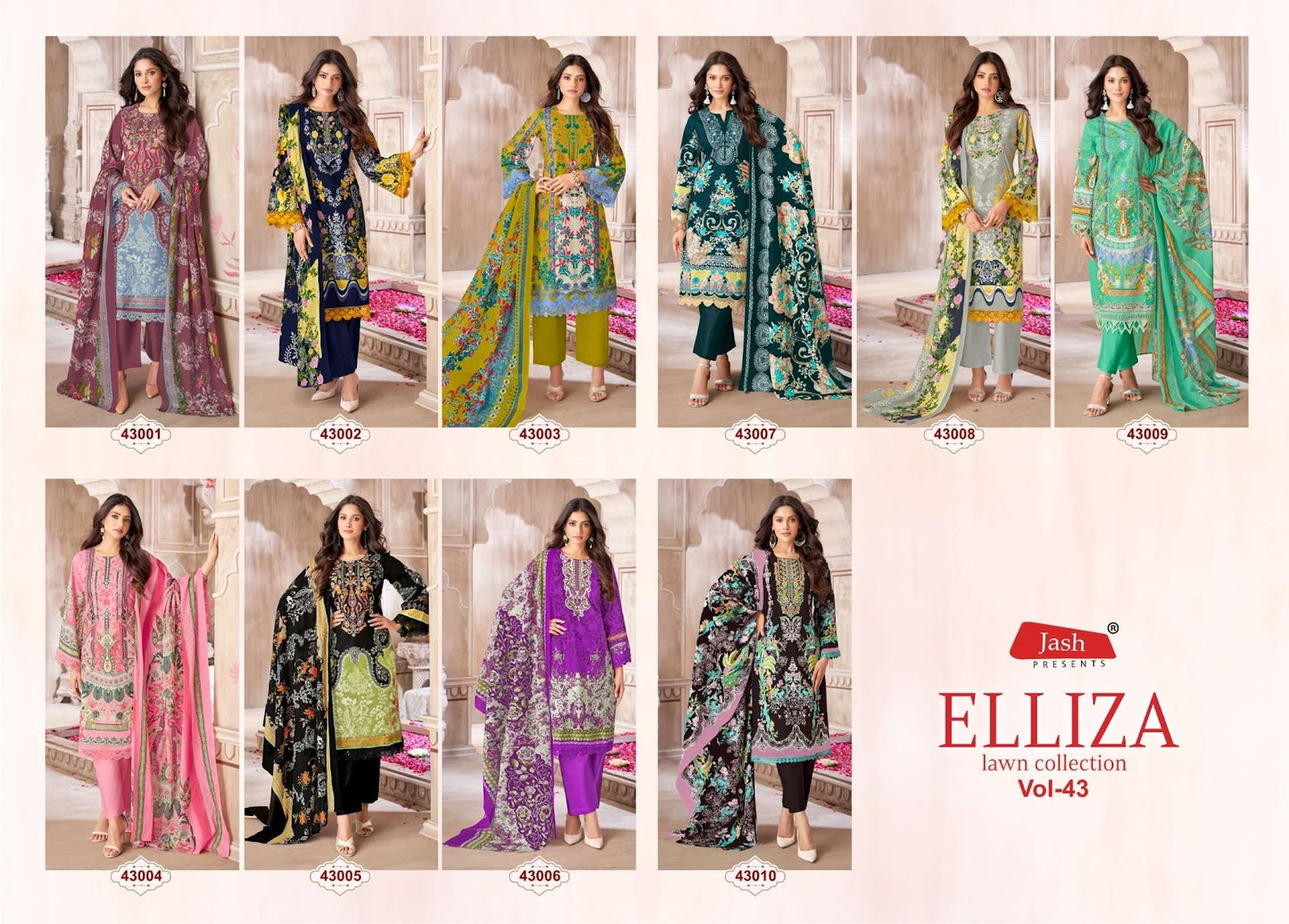 Elliza Vol 43 Lawn Collection Jash Cotton Karachi Salwar Suits Manufacturer Gujarat