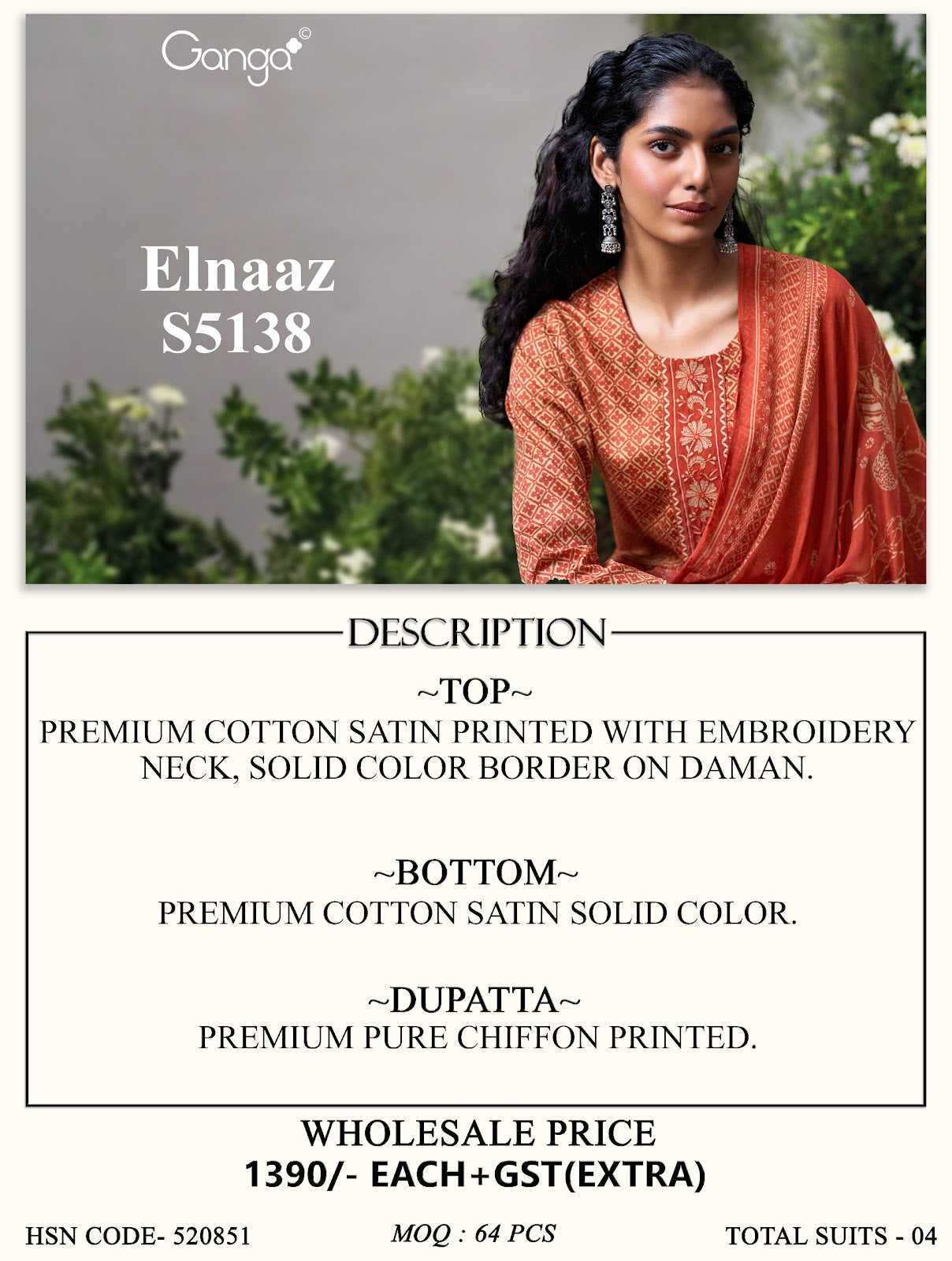 Elnaaz S5138 Ganga Cotton Satin Pant Style Suits Exporter Gujarat