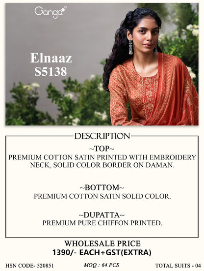 Elnaaz S5138 Ganga Cotton Satin Pant Style Suits Exporter Gujarat