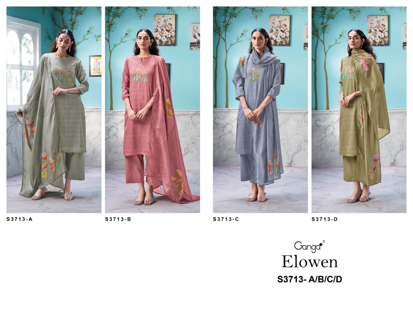 Elowen 3713 Ganga Premium Cotton Plazzo Style Suits Supplier Ahmedabad