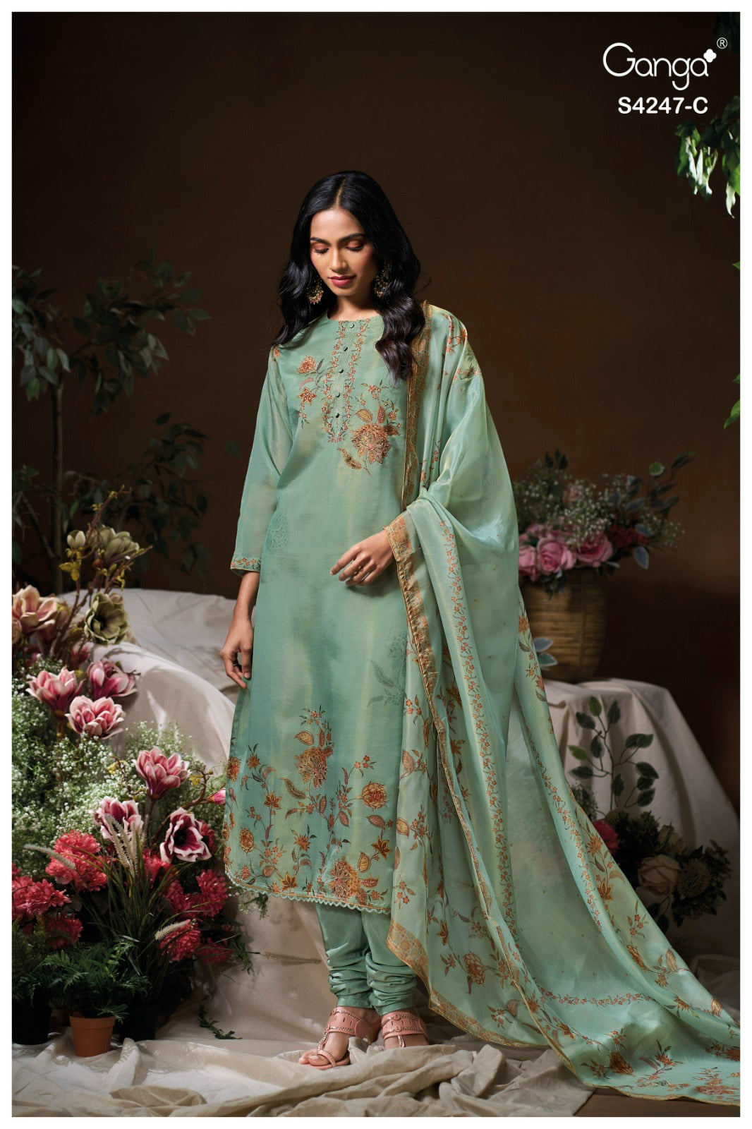 Elyna S4247 Ganga Bemberg Silk Pant Style Suits Supplier India