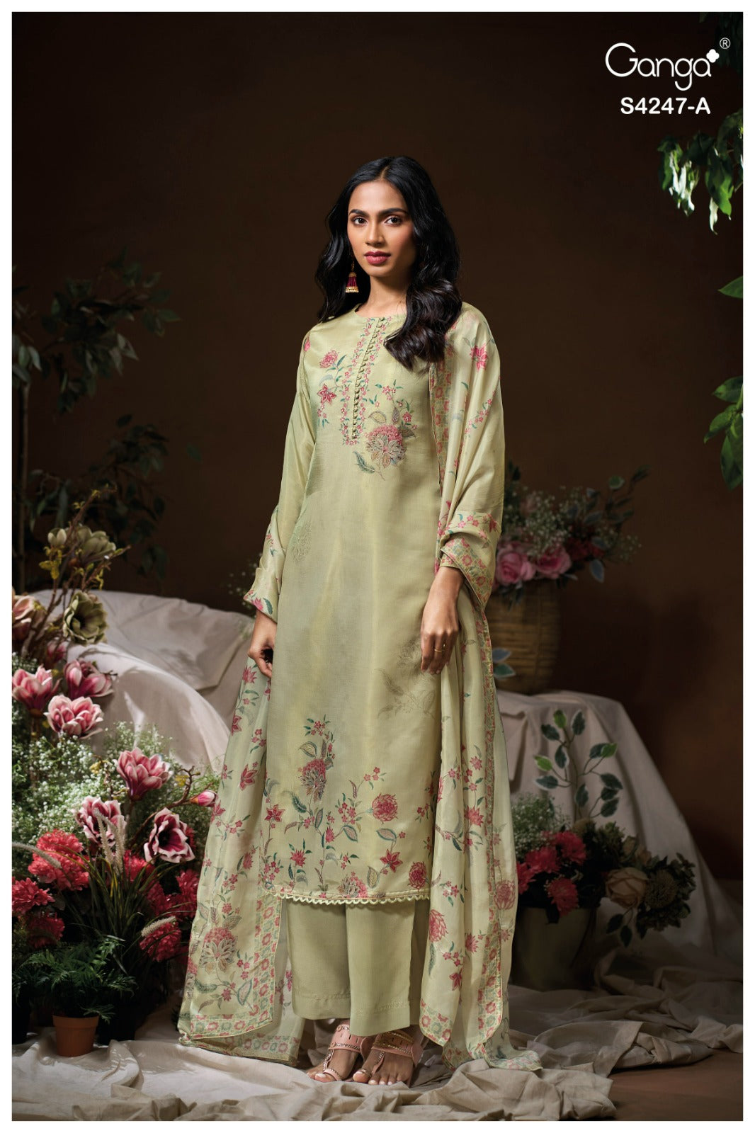 Elyna S4247 Ganga Bemberg Silk Pant Style Suits Supplier India