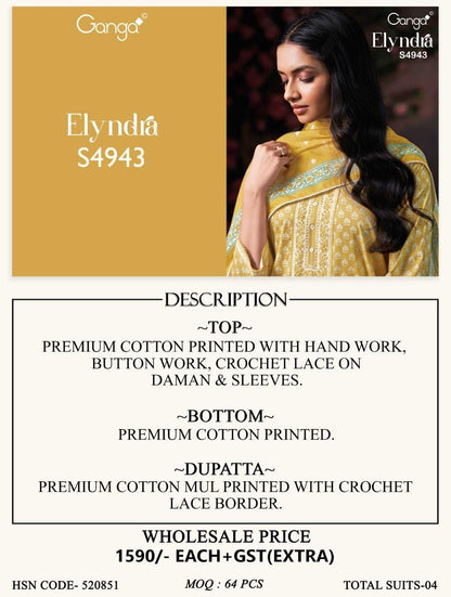 Elyndra 4943 Ganga Cotton Plazzo Style Suits Wholesale Rate