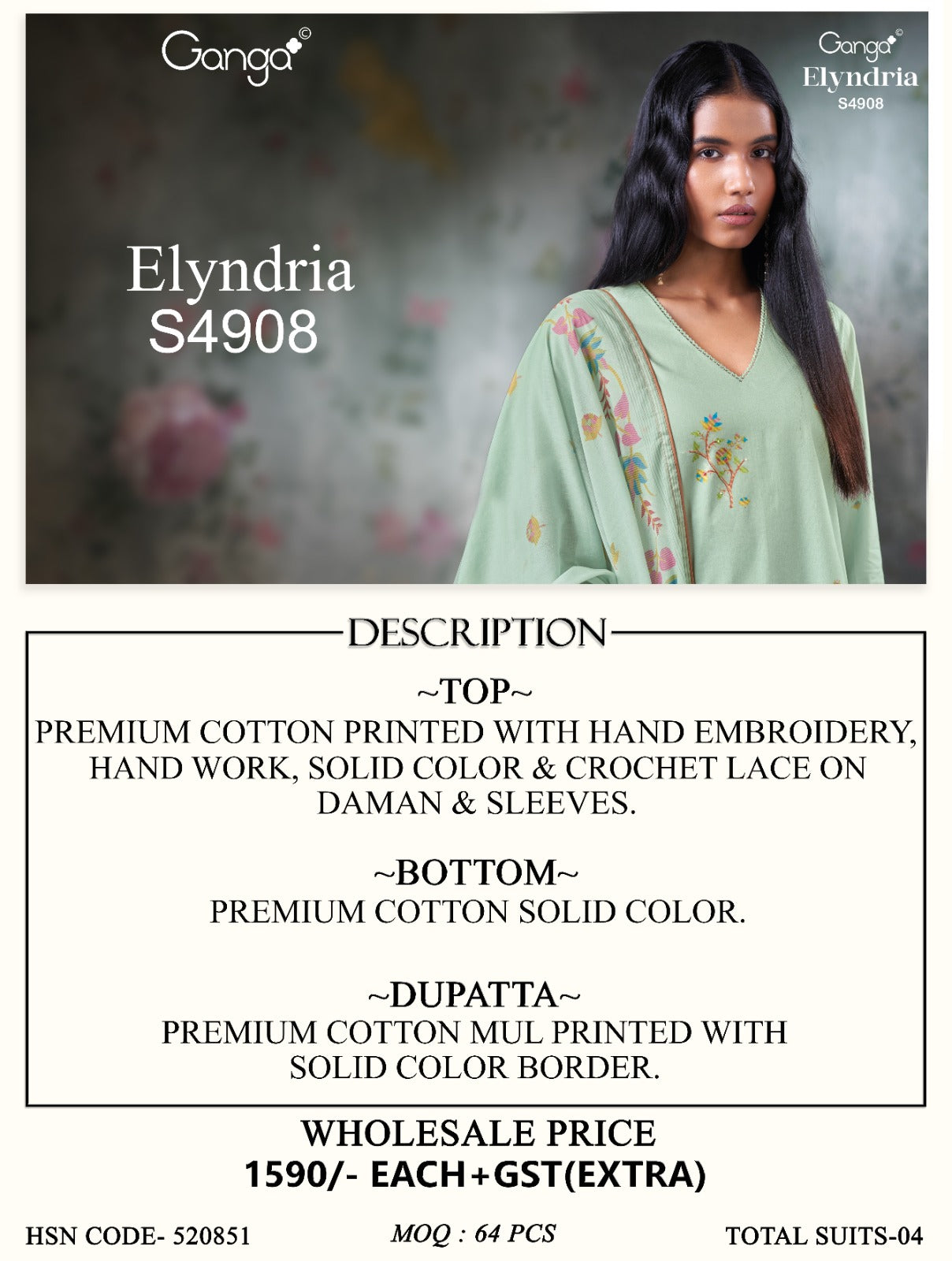 Elyndria S4908 Ganga Cotton Pant Style Suits Wholesale Rate