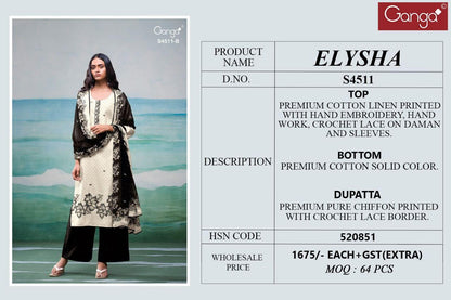 Elysha 4511 Ganga Cotton Linen Plazzo Style Suits Manufacturer India
