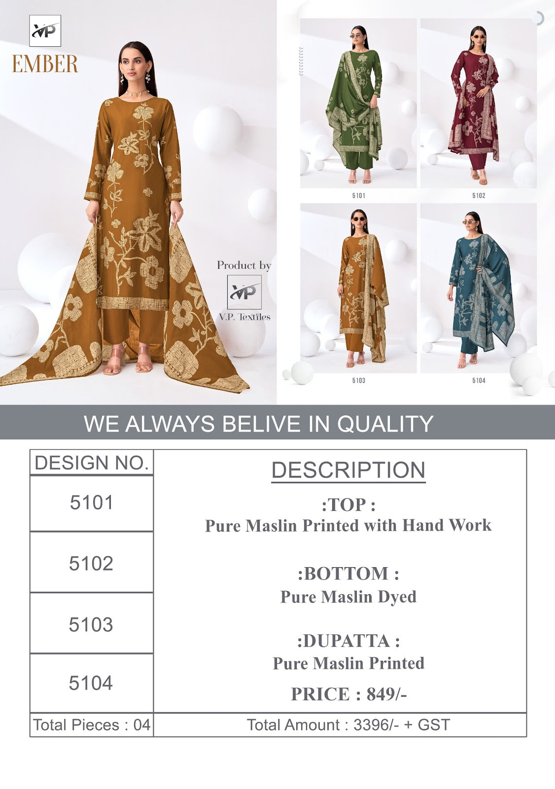 Ember Vp Brand Muslin Karachi Salwar Suits Wholesaler
