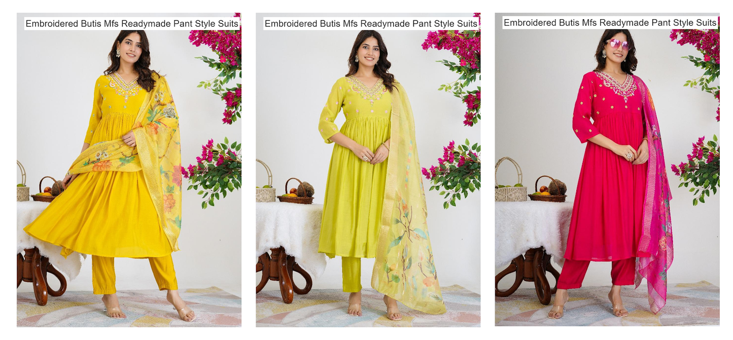 Embroidered Butis Mfs Chanderi Readymade Pant Style Suits Wholesaler India