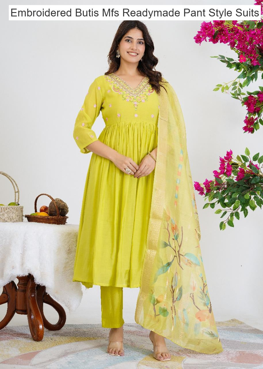 Embroidered Butis Mfs Chanderi Readymade Pant Style Suits Wholesaler India