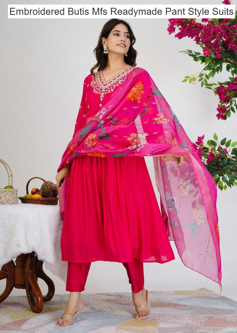 Embroidered Butis Mfs Chanderi Readymade Pant Style Suits Wholesaler India