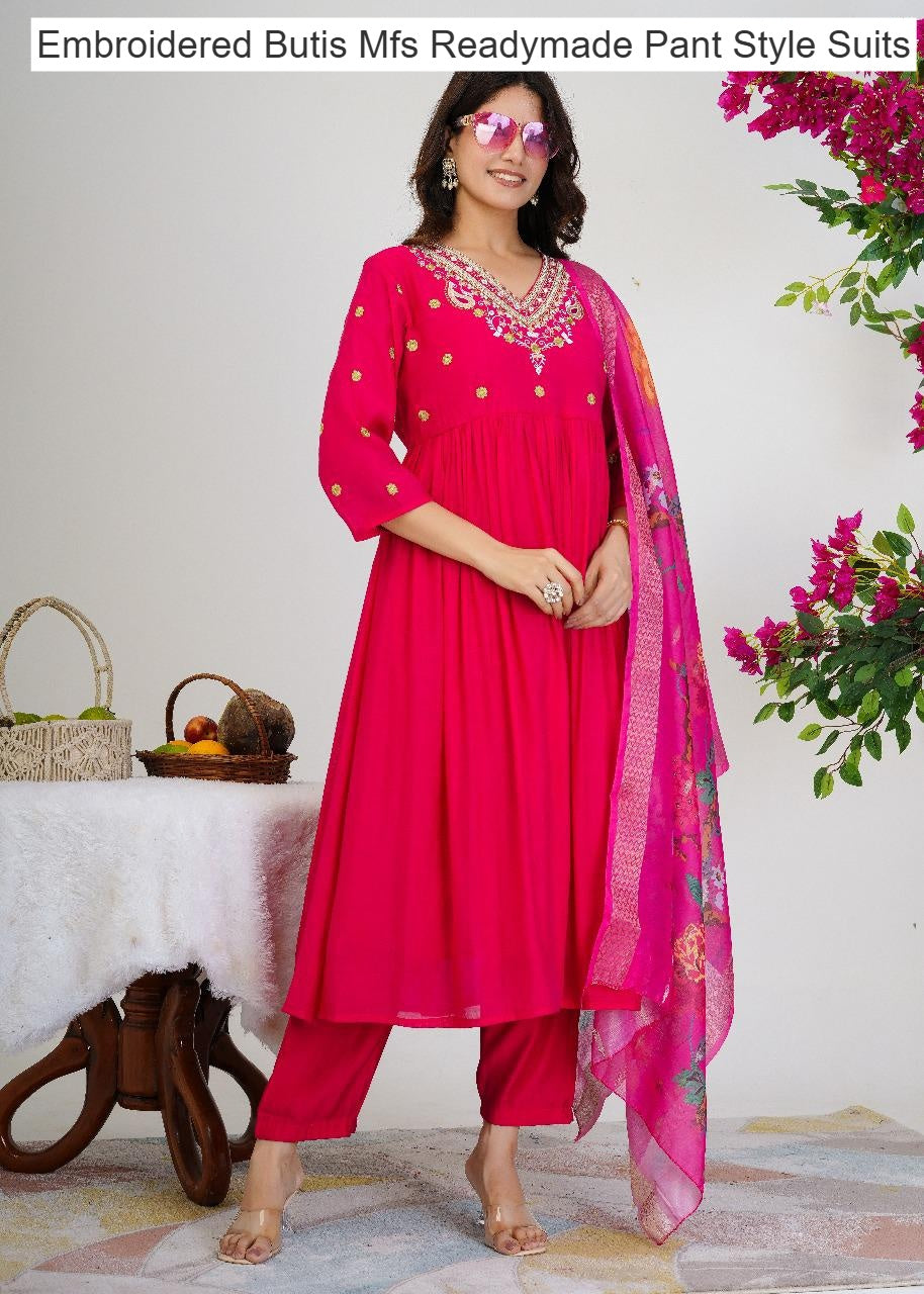 Embroidered Butis Mfs Chanderi Readymade Pant Style Suits Wholesaler India