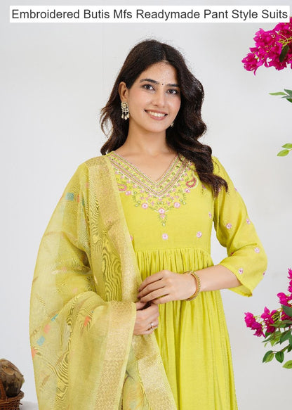 Embroidered Butis Mfs Chanderi Readymade Pant Style Suits Wholesaler India