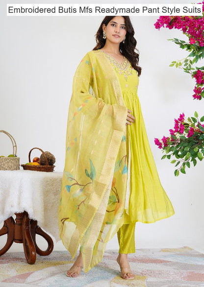 Embroidered Butis Mfs Chanderi Readymade Pant Style Suits Wholesaler India