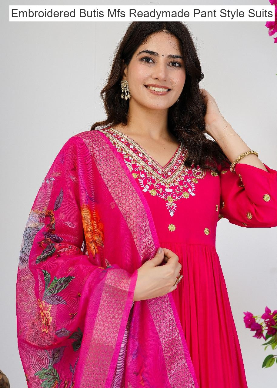 Embroidered Butis Mfs Chanderi Readymade Pant Style Suits Wholesaler India