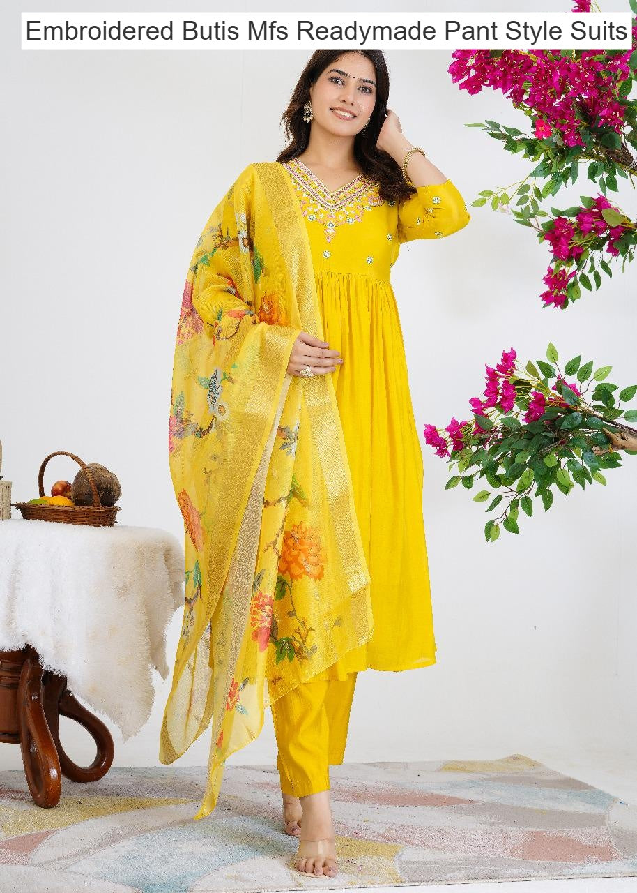 Embroidered Butis Mfs Chanderi Readymade Pant Style Suits Wholesaler India