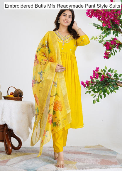 Embroidered Butis Mfs Chanderi Readymade Pant Style Suits Wholesaler India