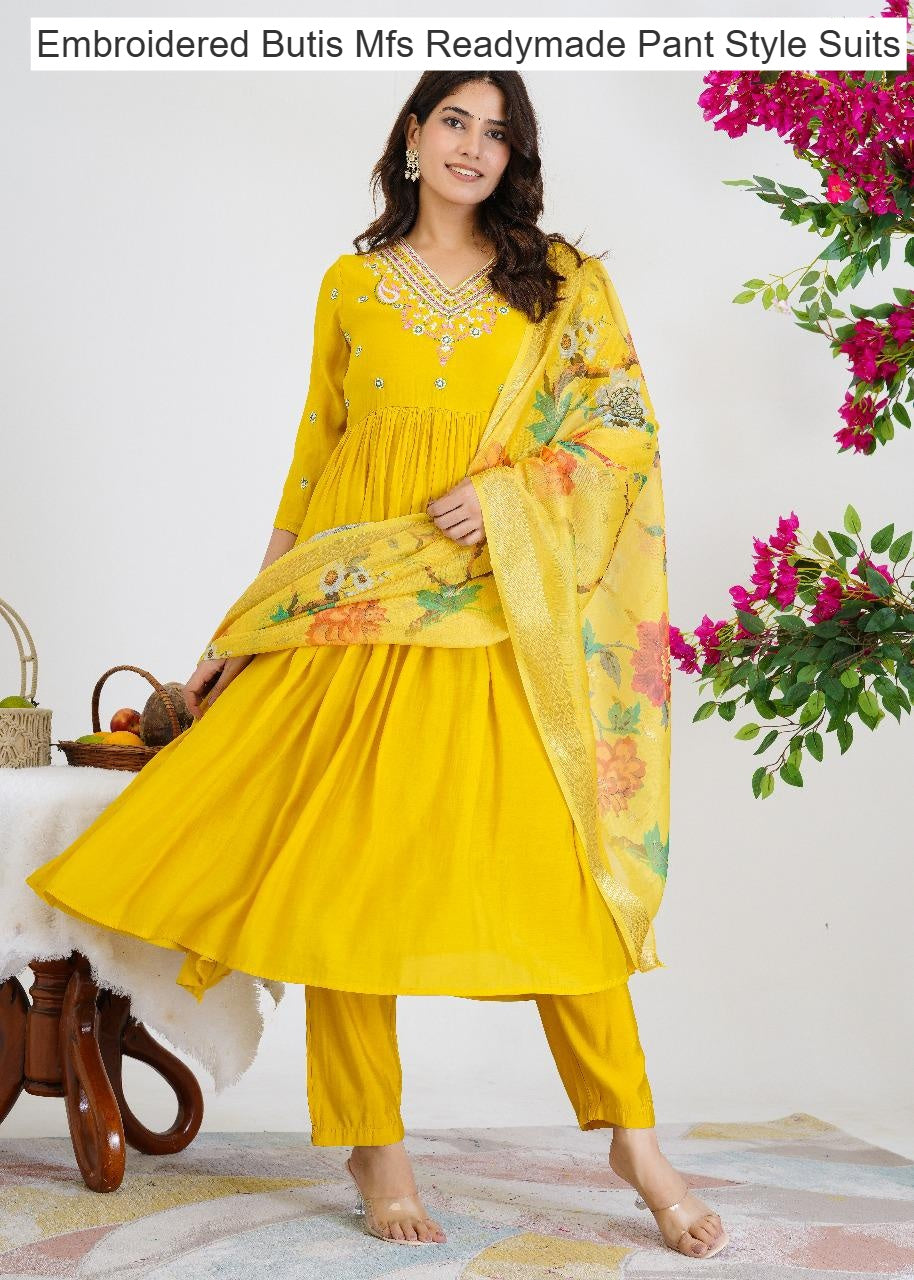 Embroidered Butis Mfs Chanderi Readymade Pant Style Suits Wholesaler India