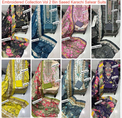 Embroidered Collection Vol 2 Bin Saeed Lawn Cotton Karachi Salwar Suits Exporter Ahmedabad