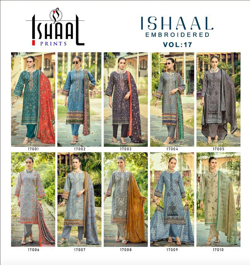Embroidered Vol 17 Ishaal Prints Pure Lawn Karachi Salwar Suits Wholesale Rate